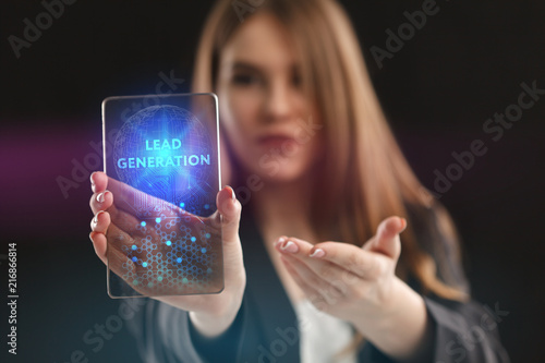 Fototapeta Naklejka Na Ścianę i Meble -  The concept of business, technology, the Internet and the network. A young entrepreneur working on a virtual screen of the future and sees the inscription: Lead generation