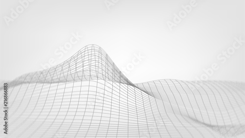 Background with gray grid with waves, relief, abstract, technology