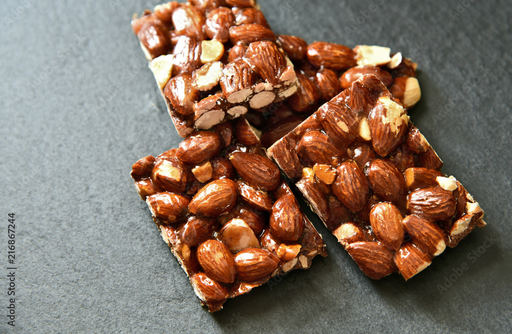 Stacked Caramelized almond..Healthy snack with almonds.