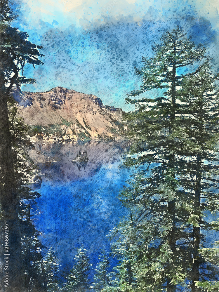 Watercolor of Crater Lake National Park - obrazy, fototapety, plakaty 