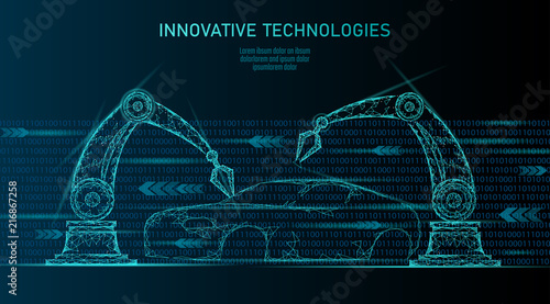 Low poly robotic arm assembly car automation technology. Industrial business factory robot machine welder. Auto body welding android hand polygon blue triangle geometric vector illustration