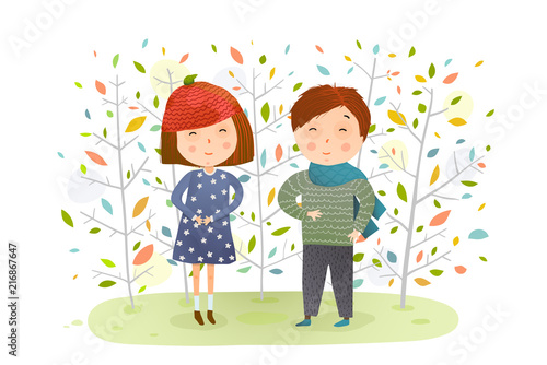 Young kids and fall nature cartoon. Vector illustration.