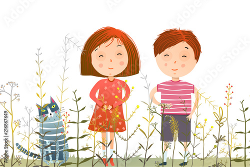 Young kids and domestic cat in the grass cartoon. Vector illustration.