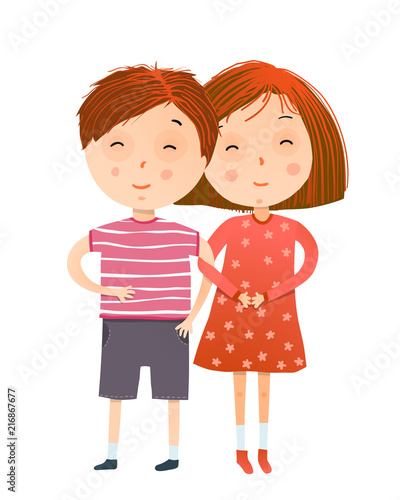 Little kids friendship, a cute boy and an adoreble girl. Vector illustration.