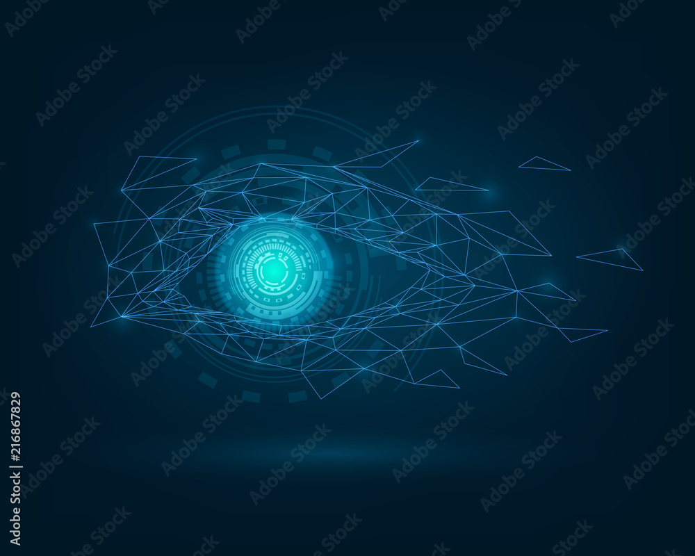 Glowing eye, robot eye, biometric recognition concept, technology, computer vision and security - obrazy, fototapety, plakaty 
