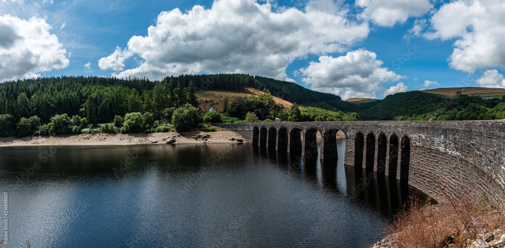 Elan valley reservoirs in a dry and very hot summer time in the welsh countryside