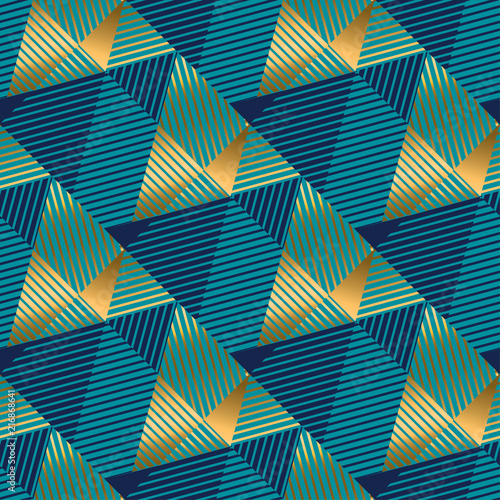 Striped triangles gold and blue luxury seamless pattern