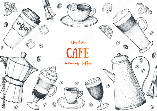 Coffee cups, beans and coffee pots illustration. Vintage design for coffee shop. Engraved vector illustration.