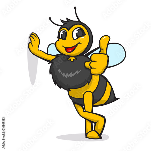Cheerful bee shows thumb up, wasp, honey