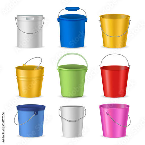 Realistic Detailed 3d Color Buckets Set. Vector