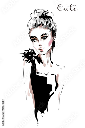 Hand drawn beautiful young woman. Fashion woman portrait. Sketch.