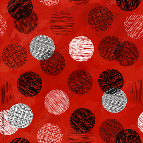 Seamless watercolor red pattern with hatched circles