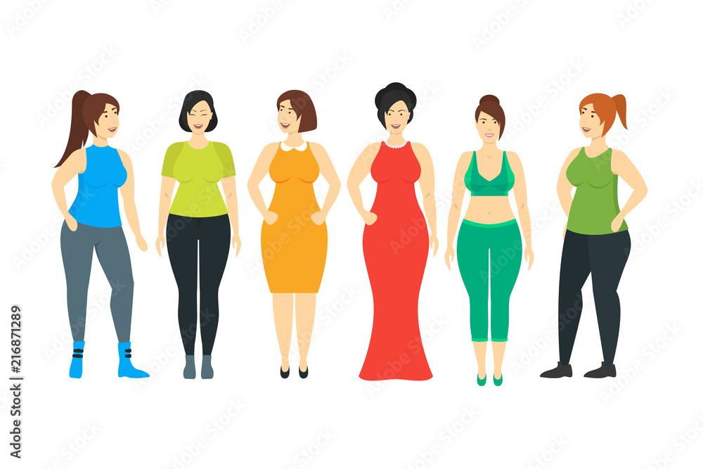 Cartoon Characters Smiling Plus Size Woman Set. Vector
