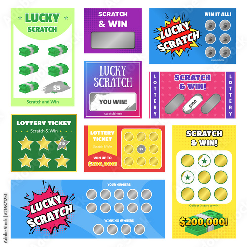 Cartoon Scratch Cards Different Types Set. Vector
