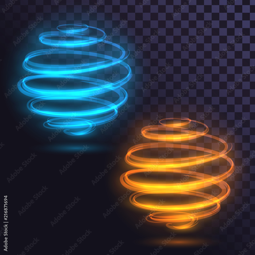 Φωτογραφία Spiral of yellow and blue flame, fireballs, globes of neon glowing trail on a tr