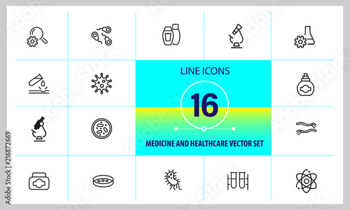 Medicine and healthcare icons. Set of  line icons. Bacteria, corrosion, microscope. Science concept. Vector illustration can be used for topics like microbiology, research, pharmaceutics