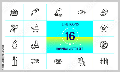 Hospital icons. Set of line icons. Surgery, operating room, laboratory. Medicine concept. Vector illustration can be used for topics like medical care, treatment, diagnostics.