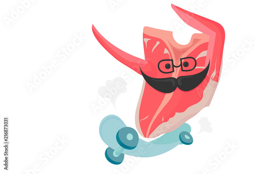 Vector illustration for premium meat butchery shop or street food promotion: skating t-bone raw steak isolated. Skateboarding Raw t-bone steak icon. Meat slice emoji.