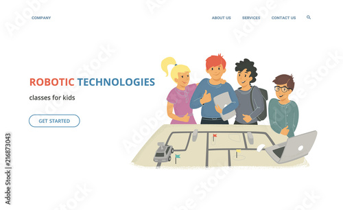 Robotic technologies classes for kids. Flat vector illustration for website and landing page design of group of children with thumbs up with laptops and remotely controlled vehicle robot on the table