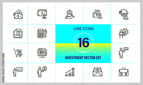 Investment icons. Set of  line icons. Report, accounting, insurance. Finance concept. Vector illustration can be used for topics like banking, money, saving.