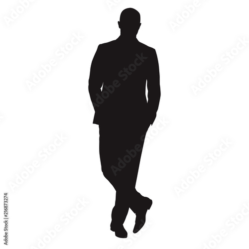 Business man standing with crossed legs, isolated vector silhouette. People at work