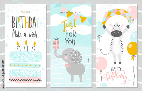 Set of Birthday greeting cards and party invitation templates with cute elephant, Zebra and cake. Vector illustration