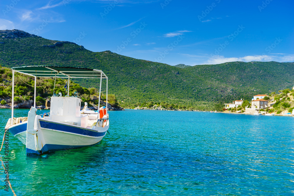 Jetty pier on coastline with boat yacht.