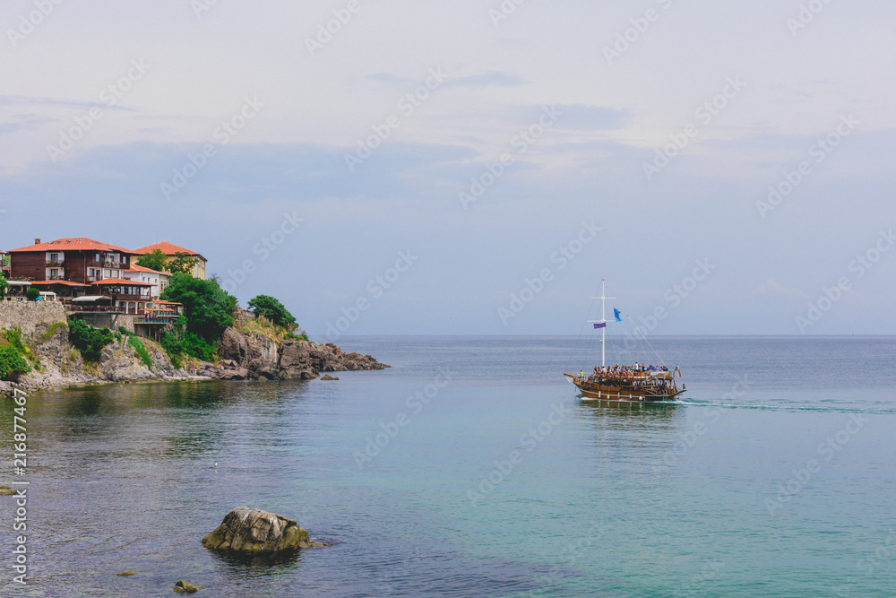 Obraz premium Maritime Quay, houses with tiled roofs in the city Sozopl. Bulgaria.
