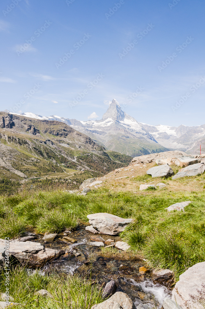 Zermatt, Matterhorn, Alpen, Wallis, Wanderweg, Blauherd, Bergbach, Walliser Berge, Schweizer Berge, Sommer, Bergwiesen, Bergkräuter, Schweiz