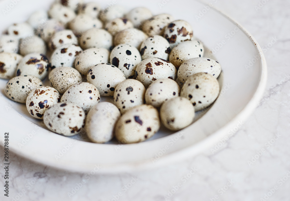 Raw fresh organic quail eggs in white plate Raw fresh organic quail eggs in white plate