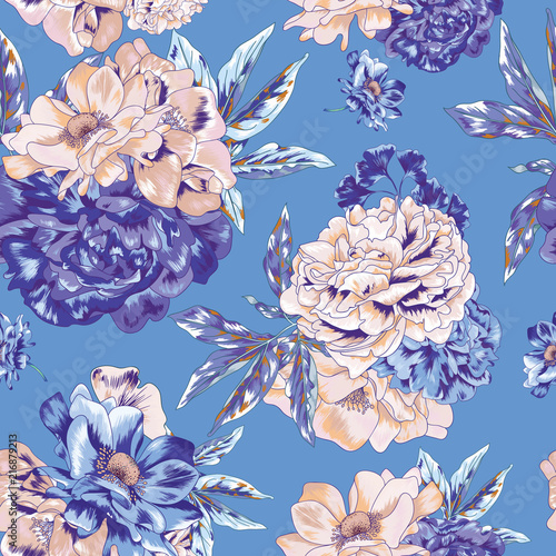 Fototapeta Naklejka Na Ścianę i Meble -  Seamless Vector Peony Botanical Flower Pattern
