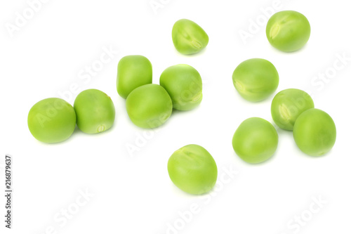 fresh green peas isolated on white background. top view