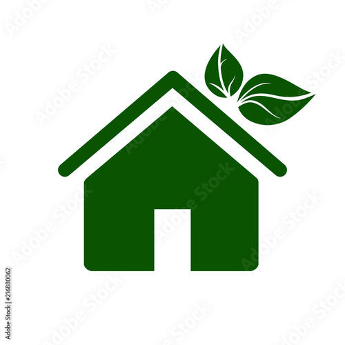 Eco house icon. Environmentally sustainable home or house with green leaves. Vector Illustration