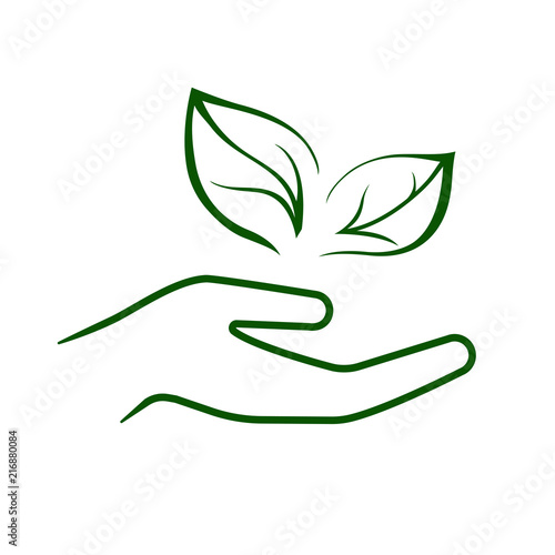 Line icon of hand carefully holding green leaves. Symbol of ecology, environmental awareness, nature protection concept. Vector Illustration
