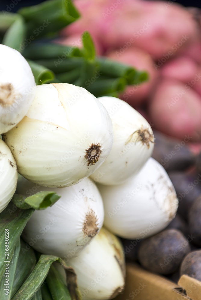 Onions and other produce at a market stall. Onions and other produce at a market stall.