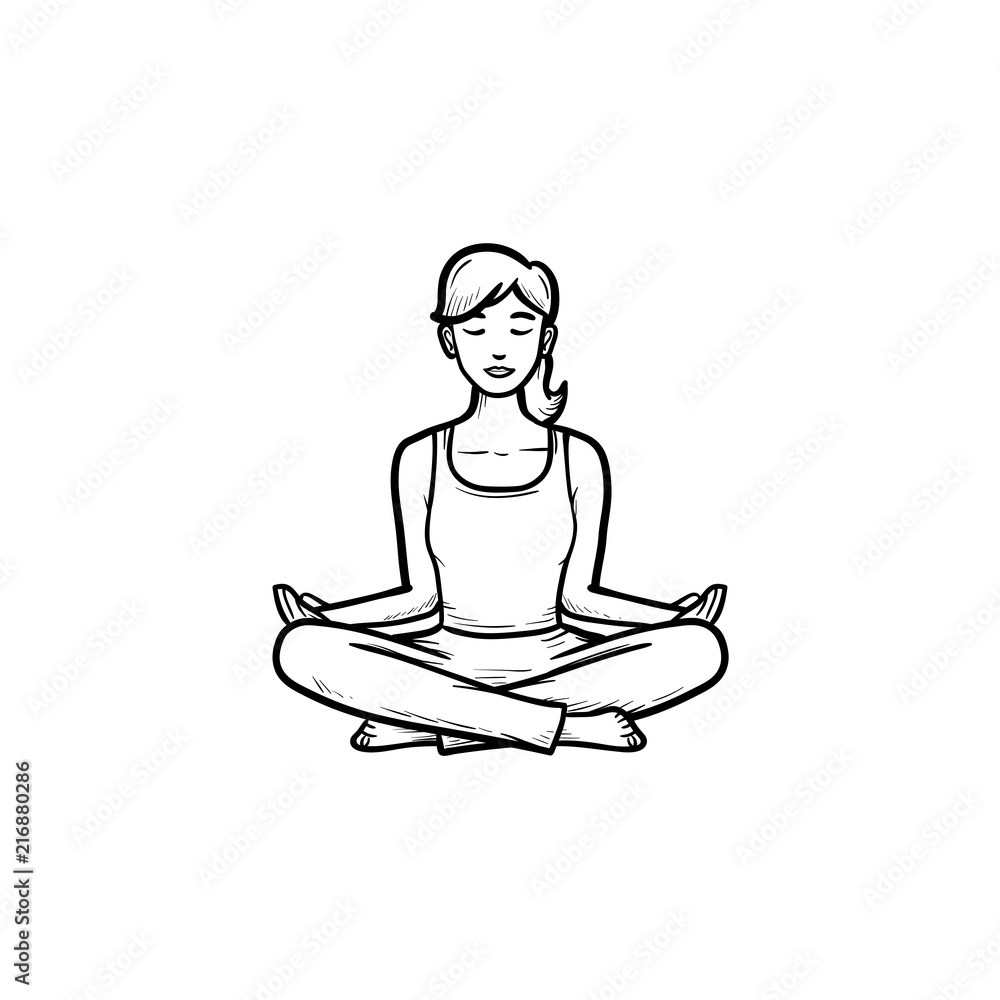 Woman sitting in yoga lotus pose hand drawn outline doodle icon. Meditation, wellness, relaxation concept. Vector sketch illustration for print, web, mobile and infographics on white background.