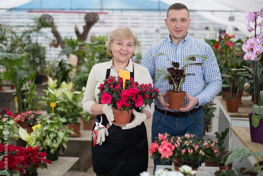 Portrait of man client and woman who are choosing together blooming flower