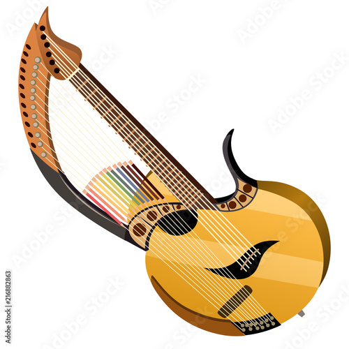 Harp Guitar isolated on white background. Vector cartoon close-up illustration.