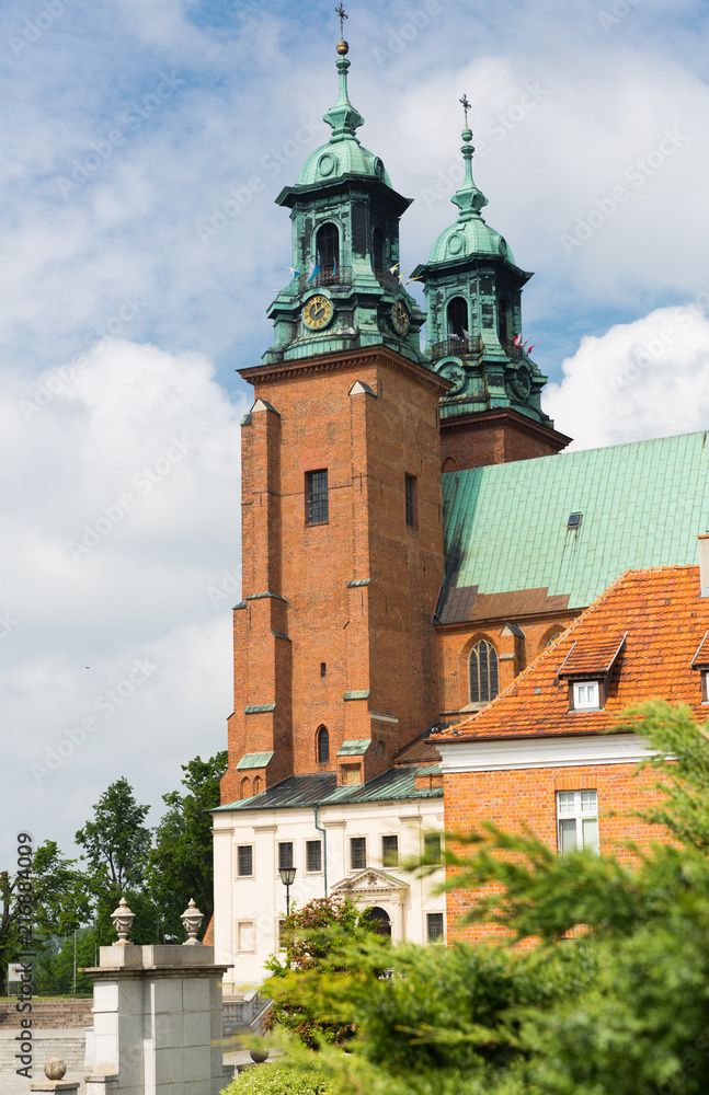  Gniezno Cathedral old landmark  in Poland on sunny day