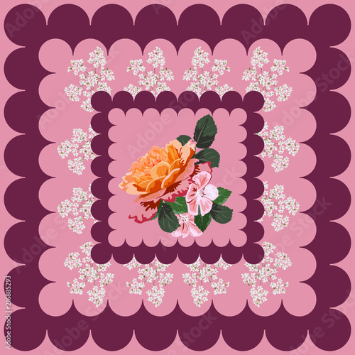 Square flower arrangement. Pattern for printing on scarves, postcards, carpets, bandanas, napkins, home textiles.