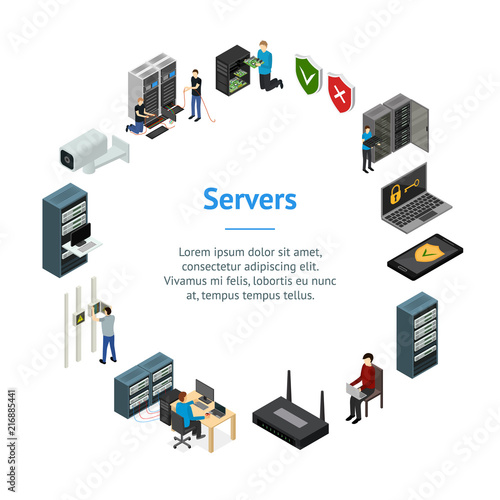 Server Hardware Banner Card Circle Isometric View. Vector