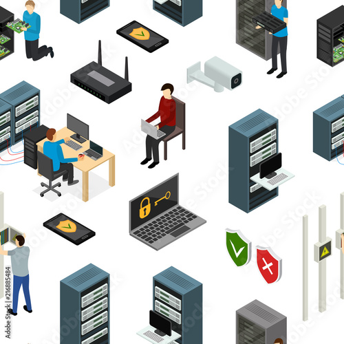Server Hardware Seamless Pattern Background Isometric View. Vector
