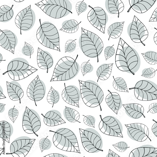 Hand-drawn gray leaves on a white background. Vector seamless pattern. 