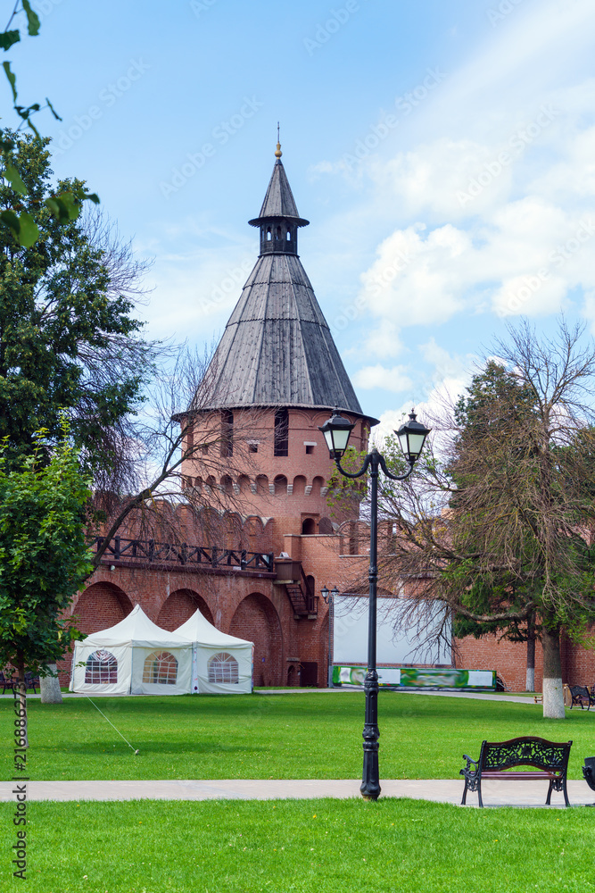 Walls and towers of red brick of the 16th century Kremlin in Tula, Russia