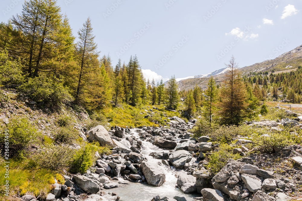 Zermatt, Alpen, Walliser Berge, Bergbach, Wanderweg, Blauherd, Sunnegga, Findeln, Gletscher, Gletscherwasser, Wallis, Sommer, Schweiz