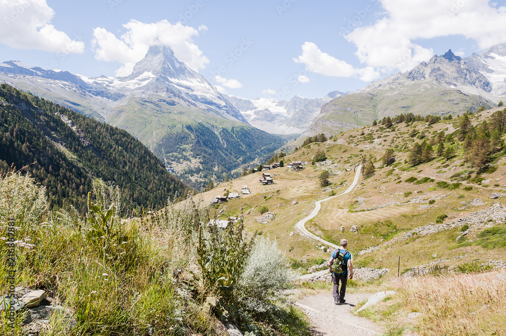 Zermatt, Findeln, Wanderweg, Matterhorn, Alpen, Walliser Berge, Wallis, Wanderer, Bergwiesen, Bergblumen, Bergbauer, Sommer, Schweiz