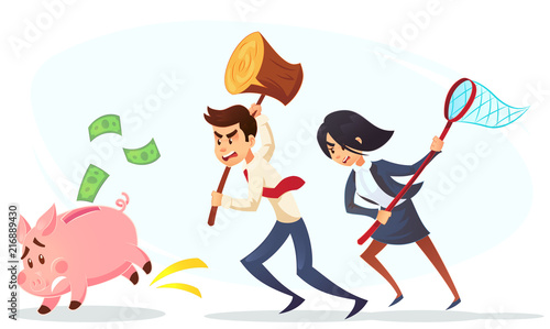 Poor bankrupt businessman businesswoman office worker character running chase piggy bank with hammer net. Financial crisis problems flat cartoon illustration graphic design concept