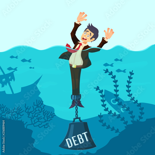Businessman drowning chained with a weight Debt, having money problems, unable to pay bills, poor family debt management plan, increased monthly payments. Cartoon concept vector illustration.