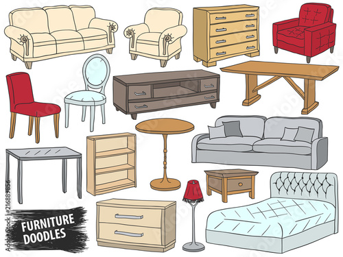 Furniture doodles set interior design home collection sketch retro