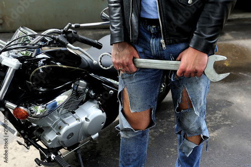 motorcyclist, repair, classic, hands, key, vehicle, legs, part, jeans, lifestyle, workshop, work, waiting, man, road, on the way, service